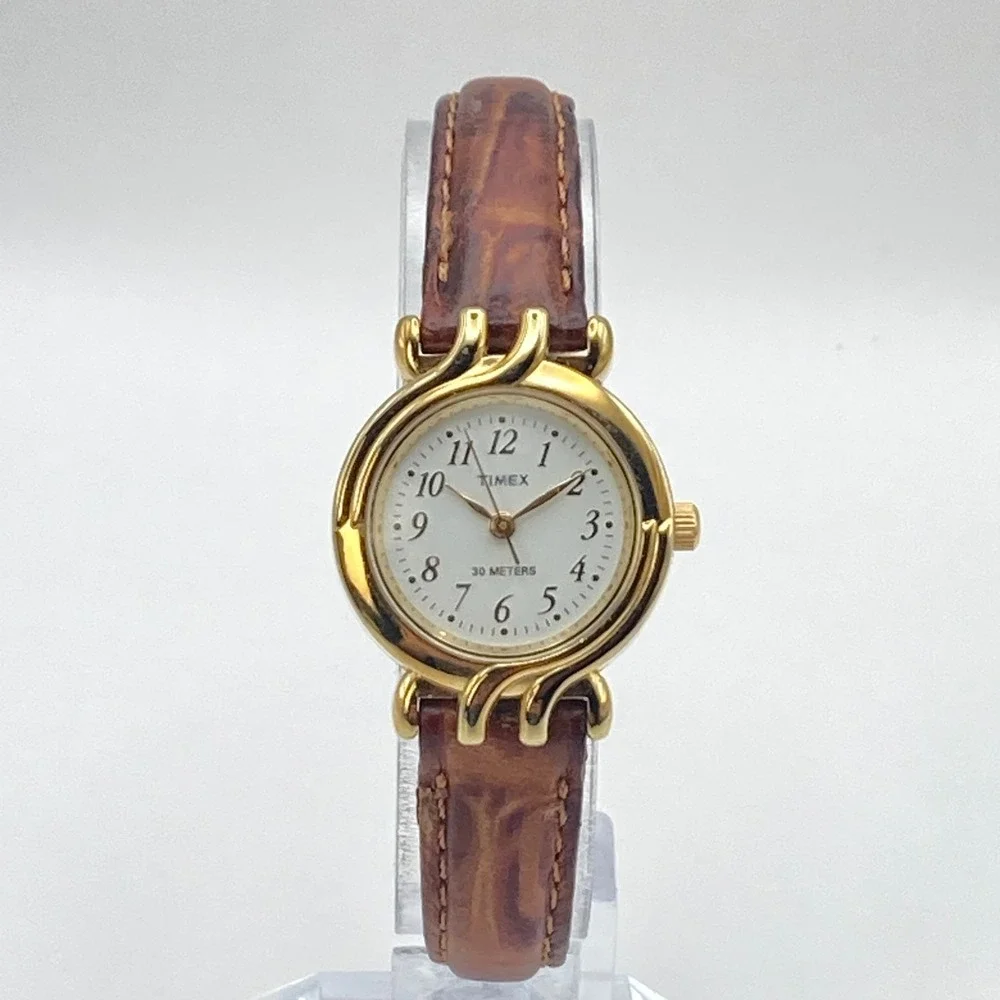 Vintage Timex Women's Watch 25mm Gold Tone Leather New Battery SMALL 7.5